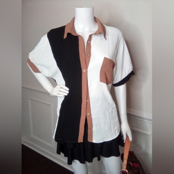 Colorblock Women's Shirt - Black, White, and Brown - Picture 12 of 16